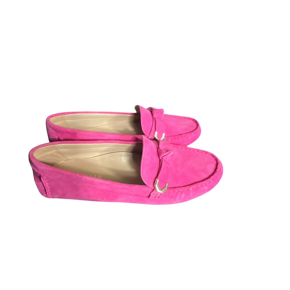 Cole Haan Evelyn Loafers Women 7.5 Pink Suede Driver Knotted Strap Gold Accent - Picture 2 of 11